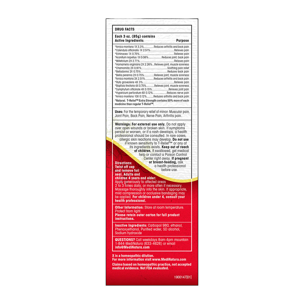 T-Relief Extra Strength Gel product label with text on a white background