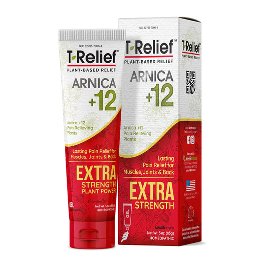 T-Relief Arnica +12 Extra Strength pain relieving gel with packaging on a white background