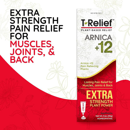 T-Relief Extra Strength Arnica +12 cream packaging with text about pain relief for muscles, joints, and back on a red and white background.