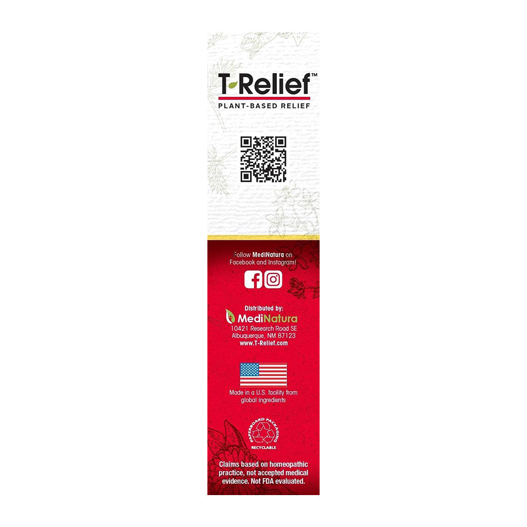 T-Relief product packaging with QR code and branding elements on a white and red background.