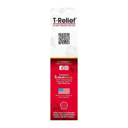 T-Relief product packaging with QR code and branding elements on a white and red background.