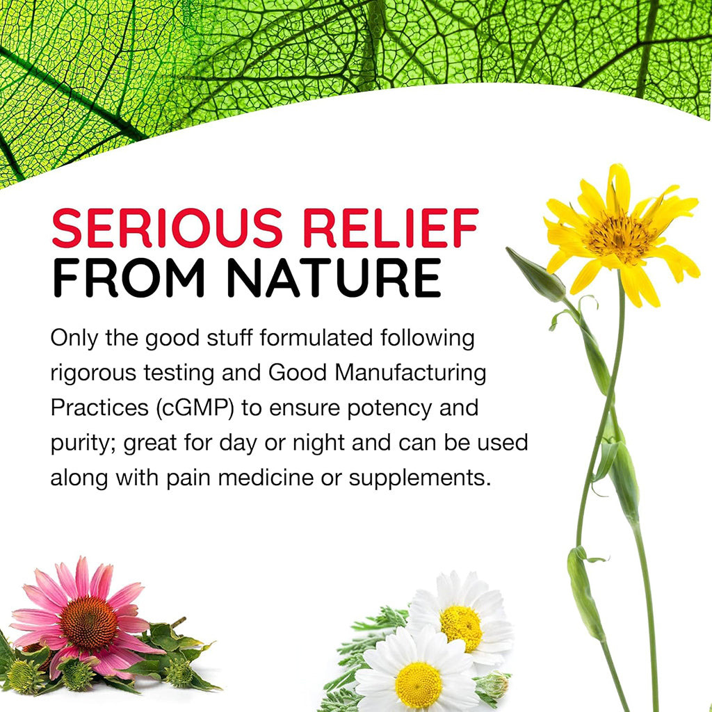 Product advertisement with flowers and text about 'Serious Relief from Nature' on a green leaf background.