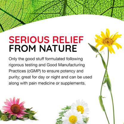 Product advertisement with flowers and text about 'Serious Relief from Nature' on a green leaf background.