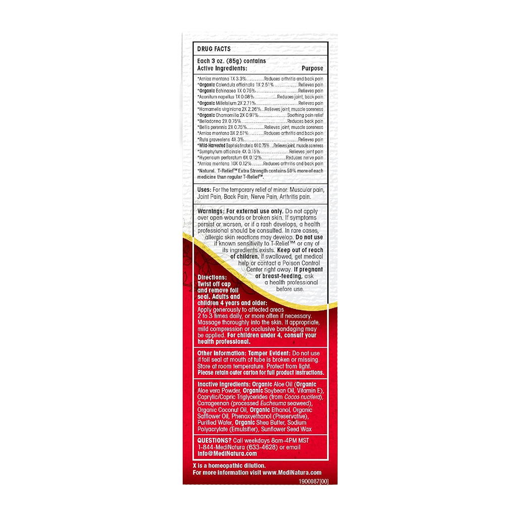 Drug facts label for T-Relief Extra Strength Cream with a red background