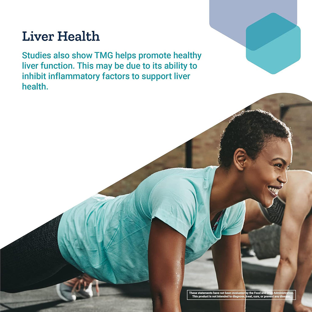 Woman in a green shirt doing push-ups with text about TMG and liver health.
