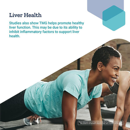 Woman in a green shirt doing push-ups with text about TMG and liver health.