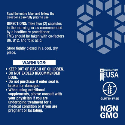 Life Extension TMG supplement label with directions, warnings, and certification logos on a blue background