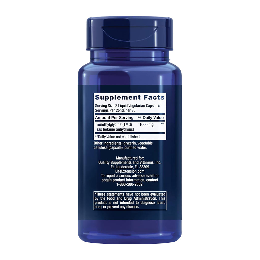 Life Extension TMG blue supplement bottle with label on a white background