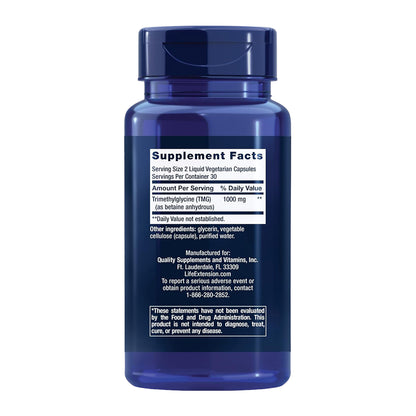 Life Extension TMG blue supplement bottle with label on a white background