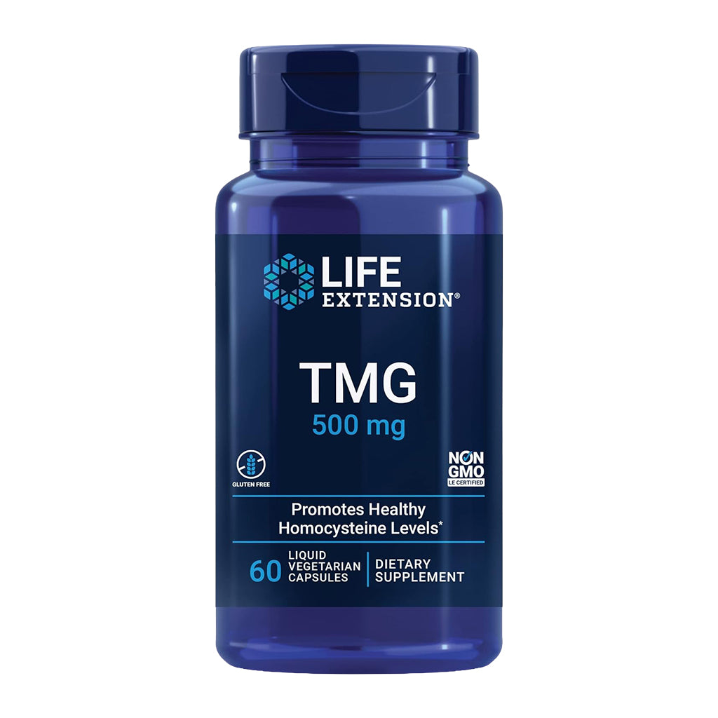 Blue supplement bottle labeled 'Life Extension TMG 500 mg' on a white background