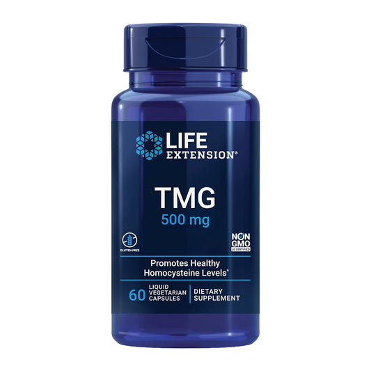 Blue supplement bottle labeled 'Life Extension TMG 500 mg' on a white background