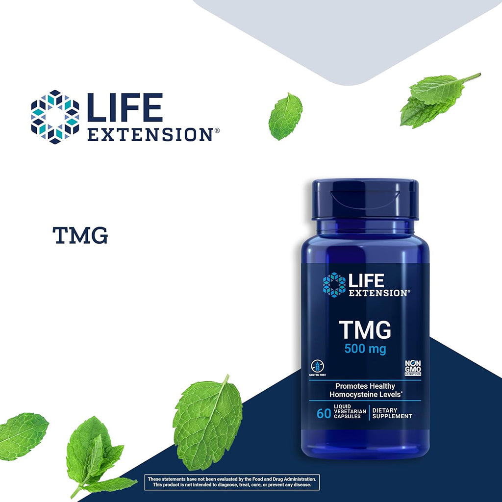 Life Extension TMG supplement bottle with green leaves on a white and blue gradient background