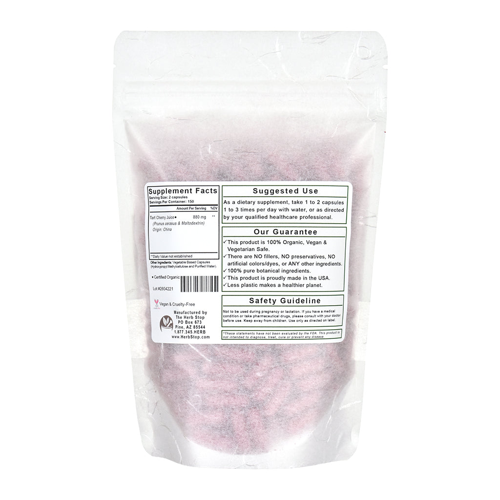 Organic Tart Cherry Juice Capsules package with a label on a white background