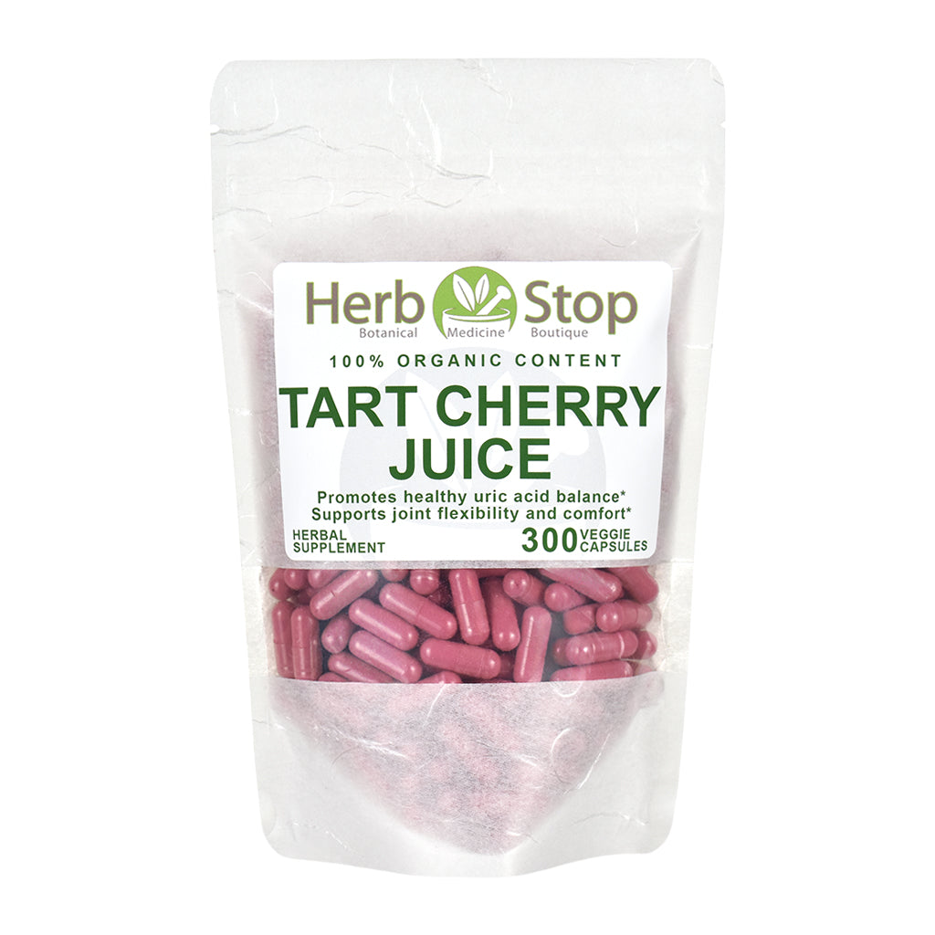 Organic Tart Cherry Juice Capsules with a white background