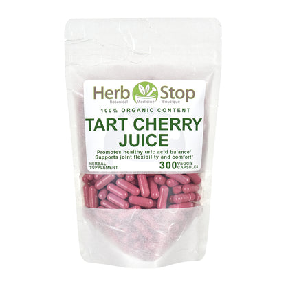 Organic Tart Cherry Juice Capsules with a white background
