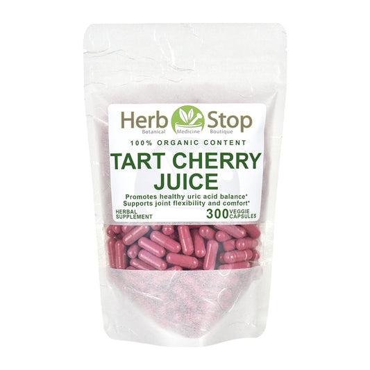 Organic Tart Cherry Juice Capsules with a white background