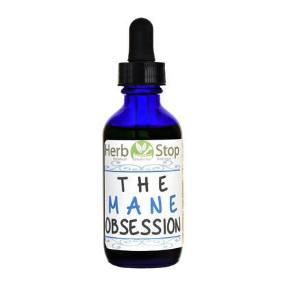 Bottle of Herb Stop's The Mane Obsession Hair Oil on a white background
