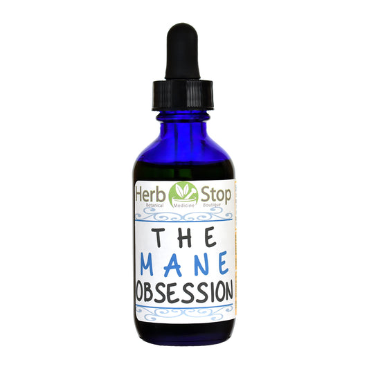 Bottle of Herb Stop's The Mane Obsession Hair Oil on a white background