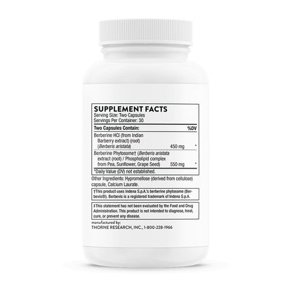 A white plastic bottle of Thorne Research Berberine HCl dietary supplement with a white ribbed cap, showing the black 'Supplement Facts' label on a clean white background.