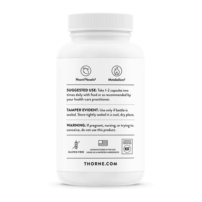 A white Thorne berberine supplement bottle with a ribbed screw cap, shown from the back against a clean white background. The label features black text and icons, including 'Heart/Vessels', 'Metabolism', 'Suggested Use', 'Tamper Evident', 'Warning', 'Gluten Free', 'USP Certified', and the brand name THORNE.