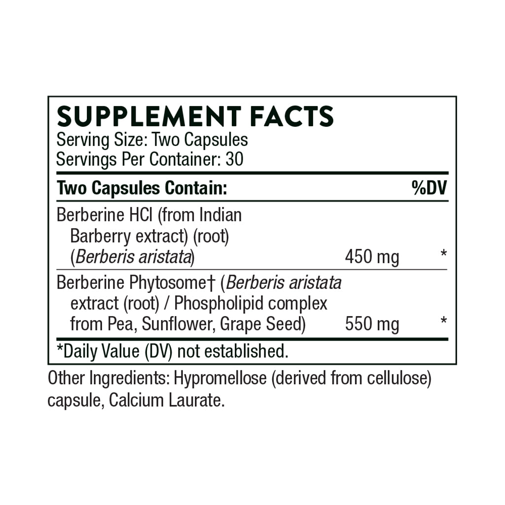 A supplement facts label showing two capsule contents: Berberine HCl 450 mg and Berberine Phytosome 550 mg, with serving size two capsules and 30 servings per container.