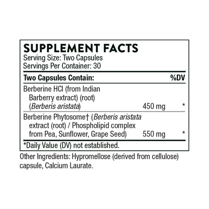 A supplement facts label showing two capsule contents: Berberine HCl 450 mg and Berberine Phytosome 550 mg, with serving size two capsules and 30 servings per container.