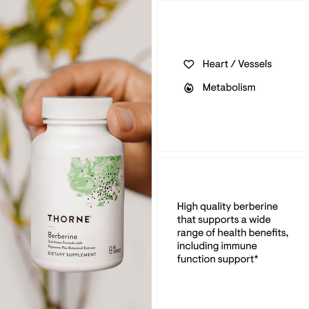 A hand holds a white bottle of THORNE Berberine dietary supplement on the left, with text callouts on the right listing Heart / Vessels and Metabolism benefits.