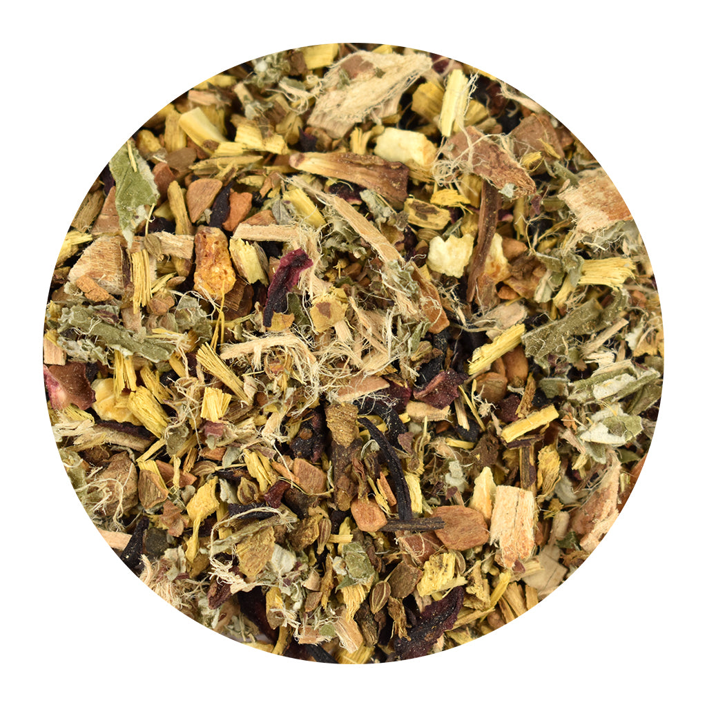 Bulk organic Throat Therapy loose leaf herbal tea on a white background