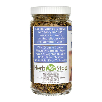Jar of organic Throat Therapy Teea with a label on a white background