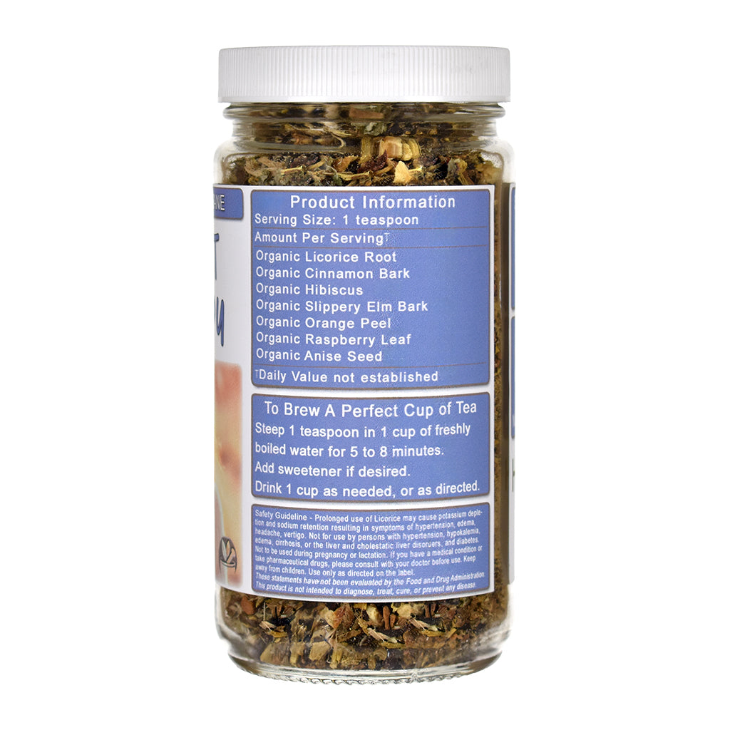 Jar of organic Throat Therapy Tea with a label on a white background