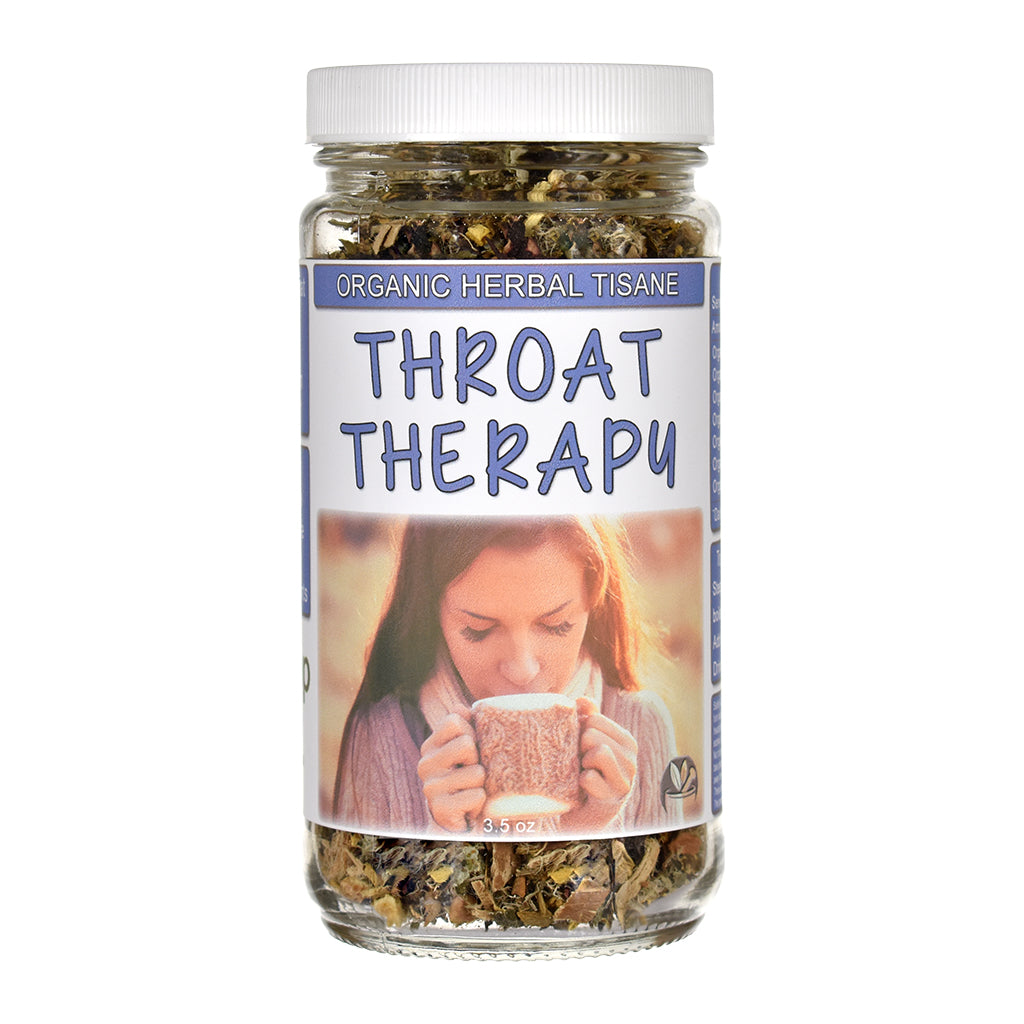 Jar of organic Throat Therapy Loose Leaf Herbal Tea with a label of a photo of a woman holding a mug