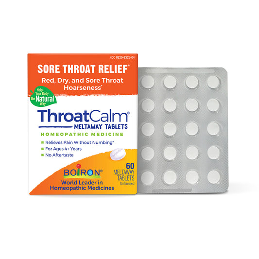 ThroatCalm meltaway tablets packaging with tablets on a white background