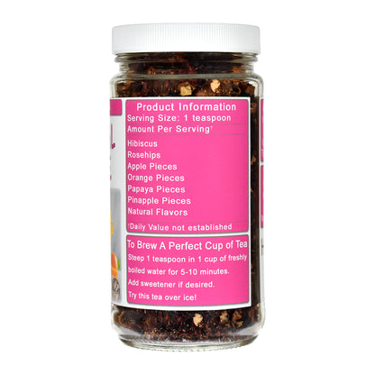 Jar of Tropical Breeze Herb & Fruit Tea with a pink label on a white background