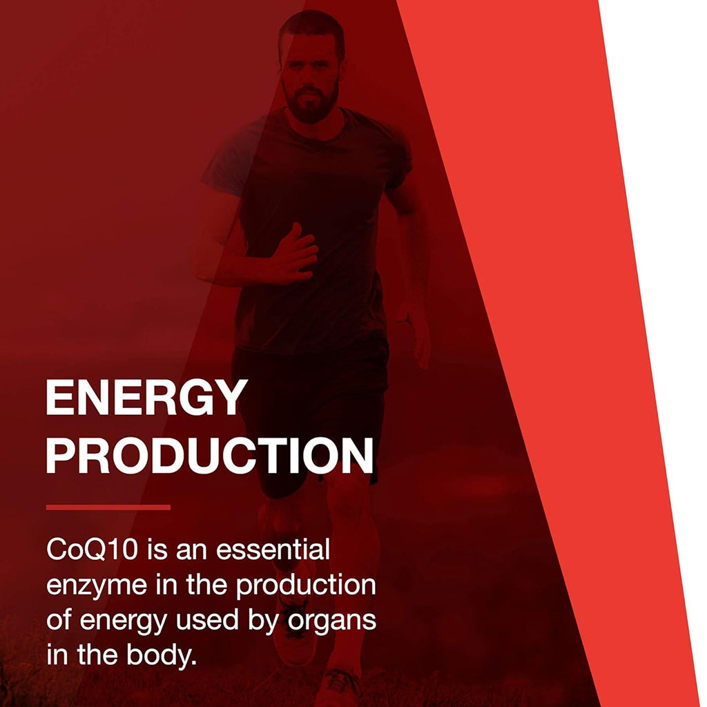 Person running with text about CoQ10 and energy production on a red background
