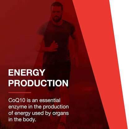 Person running with text about CoQ10 and energy production on a red background