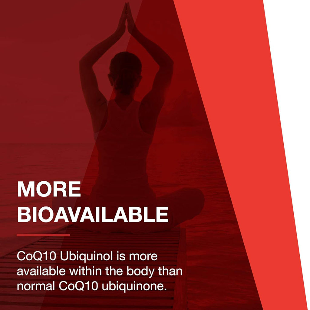Person in a yoga pose with text about CoQ10 Ubiquinol on a red background