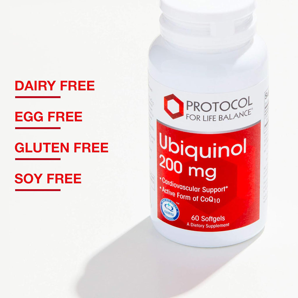 Supplement bottle labeled 'Ubiquinol 200 mg' with 'Protocol for Life Balance' branding on a white background.