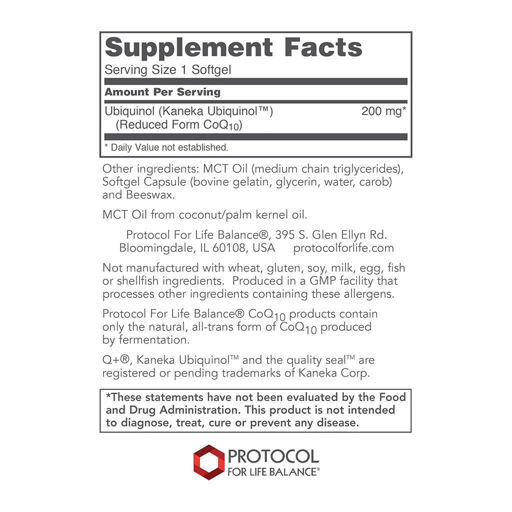 Ubiquinol supplement facts label for Protocol For Life Balance product on a white background
