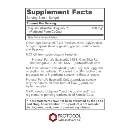 Ubiquinol supplement facts label for Protocol For Life Balance product on a white background
