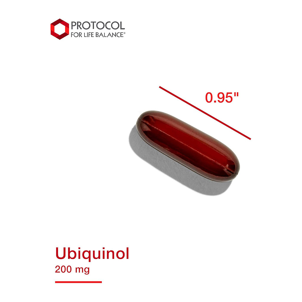 Ubiquinol supplement capsule with measurement and Protocol for Life Balance branding on a white background