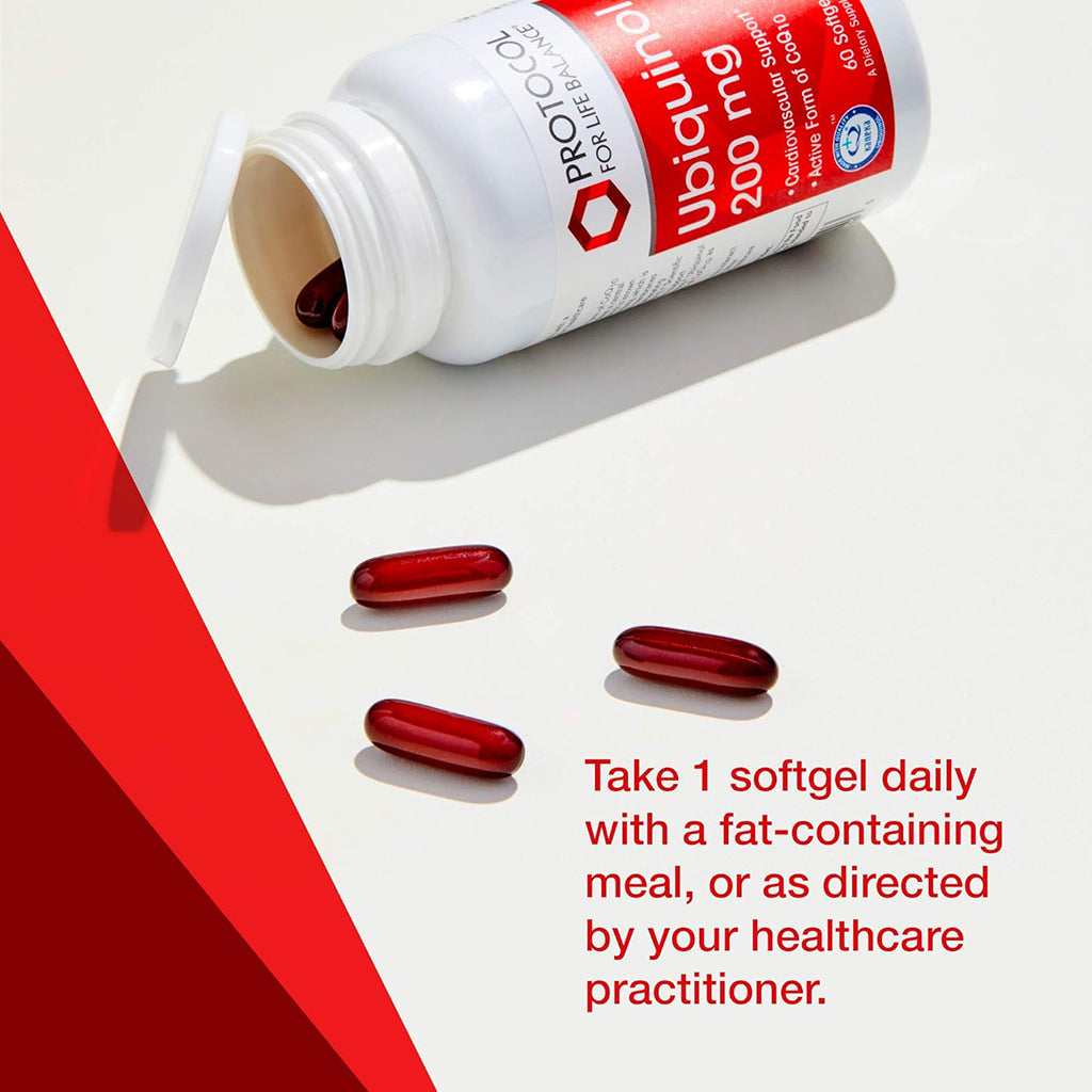Ubiquinol supplement bottle with capsules on a white background
