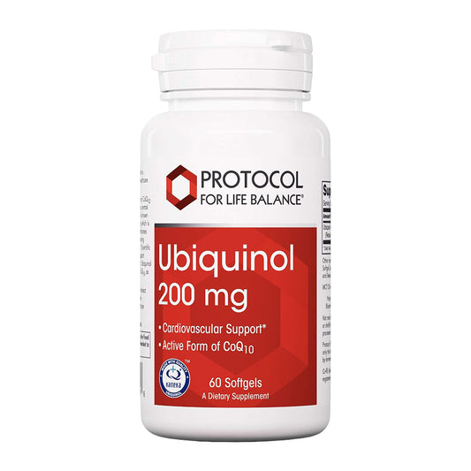 Supplement bottle labeled 'Ubiquinol 200 mg' by Protocol for Life Balance on a white background