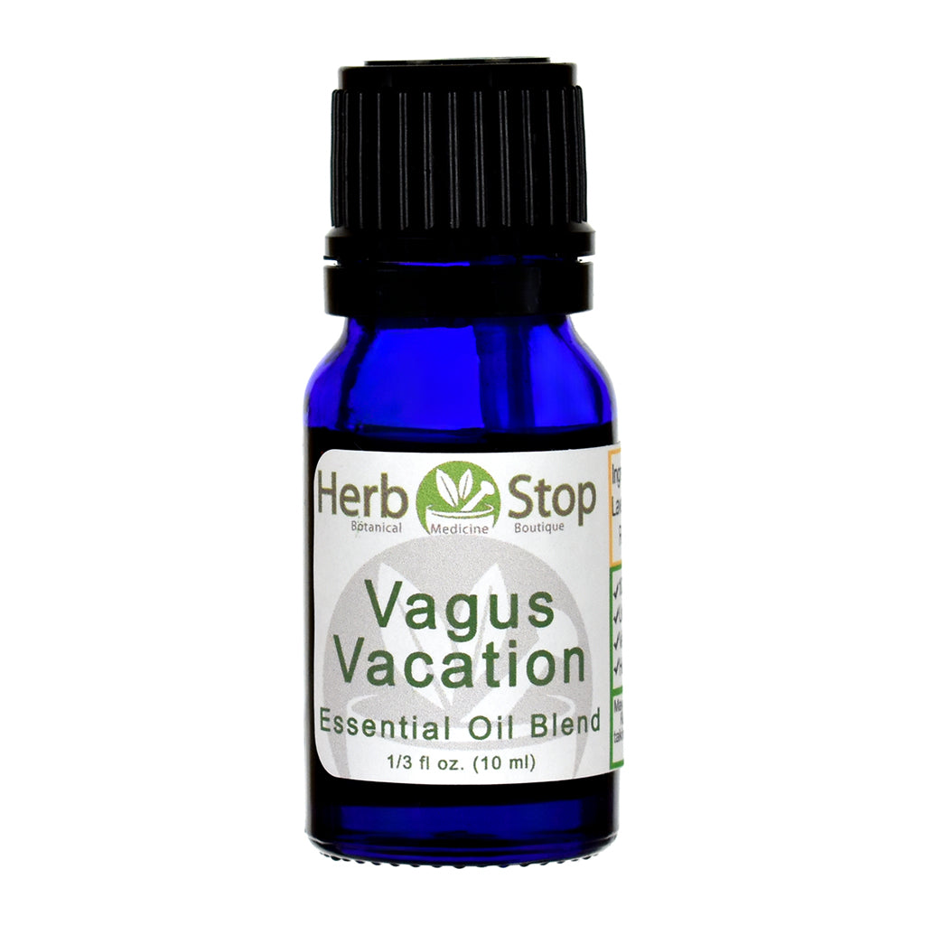 Blue bottle of Herb Stop Vagus Vacation essential oil blend on a white background