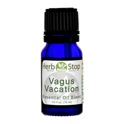Blue bottle of Herb Stop Vagus Vacation essential oil blend on a white background