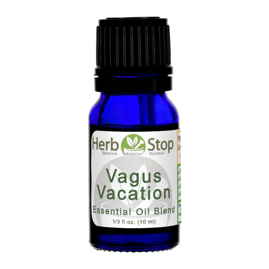 Blue bottle of Herb Stop Vagus Vacation essential oil blend on a white background