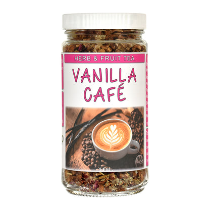 A jar of Vanilla Café Herb & Fruit Tea on a plain white background. The clear glass jar shows the dried tea blend inside, topped with a white lid and featuring a white label with pink text and an illustration of a vanilla latte.