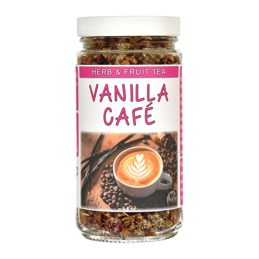 A jar of Vanilla Café Herb & Fruit Tea on a plain white background. The clear glass jar shows the dried tea blend inside, topped with a white lid and featuring a white label with pink text and an illustration of a vanilla latte.