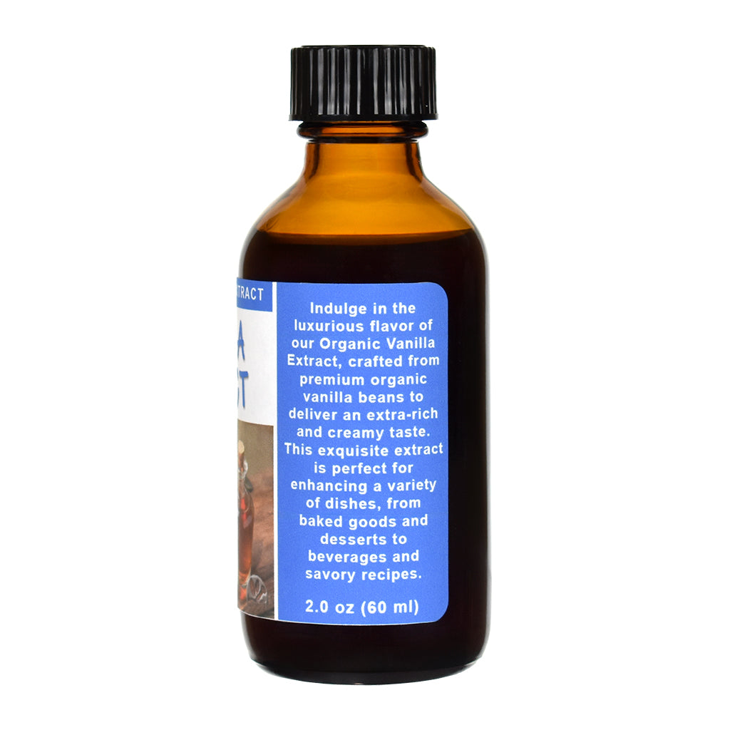 Organic Vanilla Extract in a glass bottle with a black cap and blue label on a white background