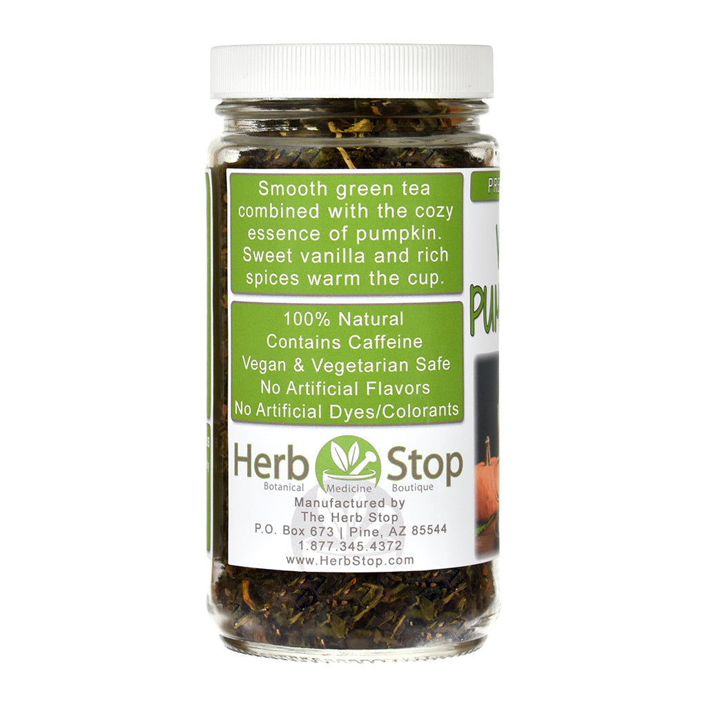 Herb Stop jar of Vanilla Pumpkin Swirl Green tea on a white background