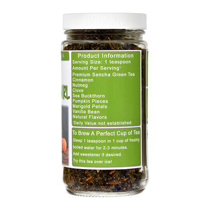 Jar of Vanilla Pumpkin Swirl Green tea with a green label on a white background